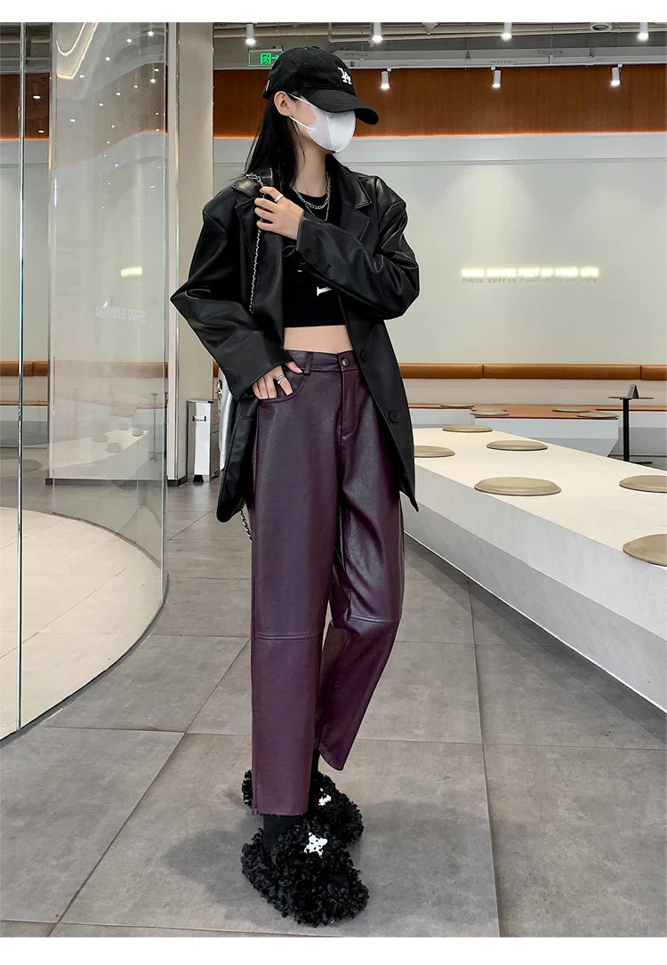 High Waist PU Leather Straight Pants for Women