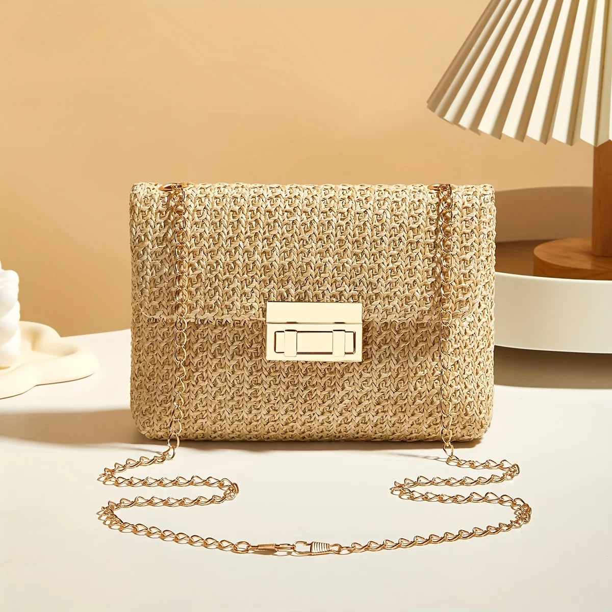 Women's Woven Straw Crossbody Bag | Handwoven Shoulder Purse with Lock Closure