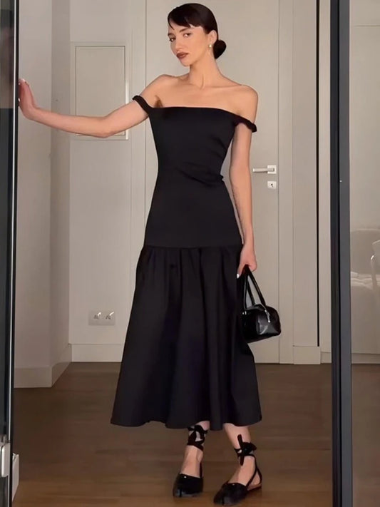 CLO015DJ
Woman Clothing Slash Neck Ruched A-line Evening Dress Female Elegant Sleeveless Solid Black Party Dresses Streetwear - Klixstore