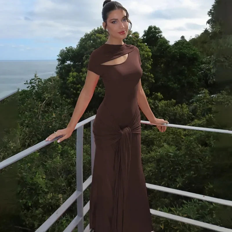 CLO017DJ
Women's Elegant Short Sleeve Bandage Brown Long Dresses Female Clothing Hollow Out Bodycon Evening Party Dress High Street - Klixstore