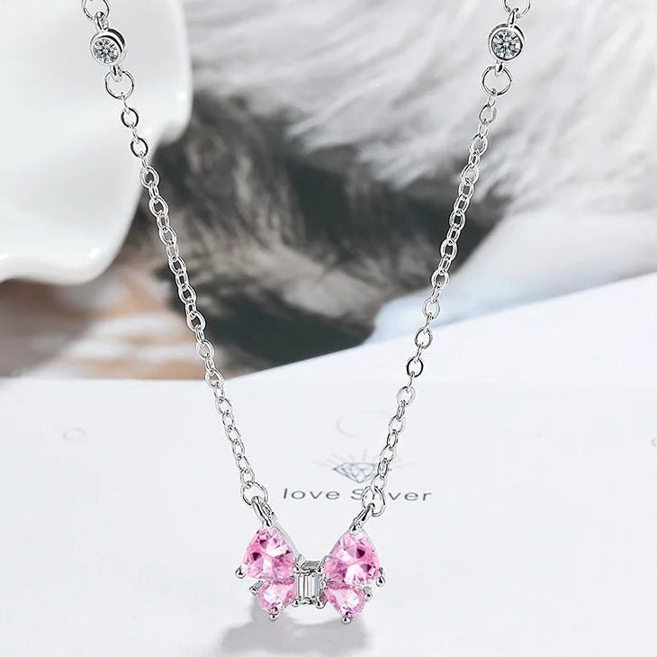 Butterfly Pendant 925 Sterling Silver Necklace with Pink Cubic Zirconia Stones