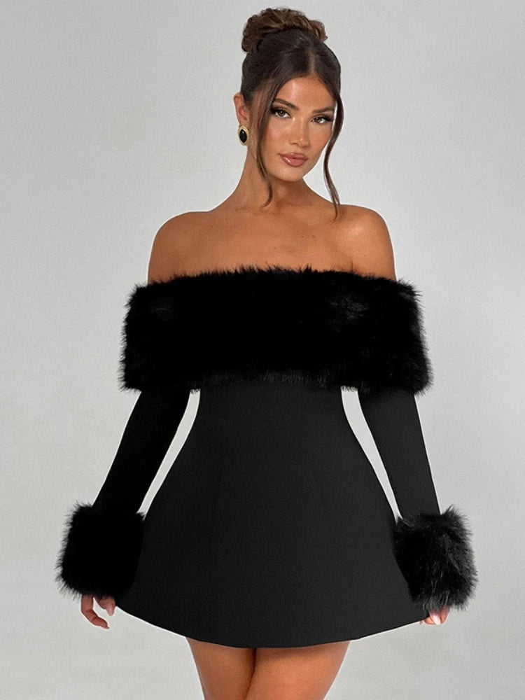 CLO050DJ
Luxury Fur Patchwork A-line Short Dresses for Women Slash Neck Off Shoulder Long Sleeve Party Evening Dress White Black - Klixstore