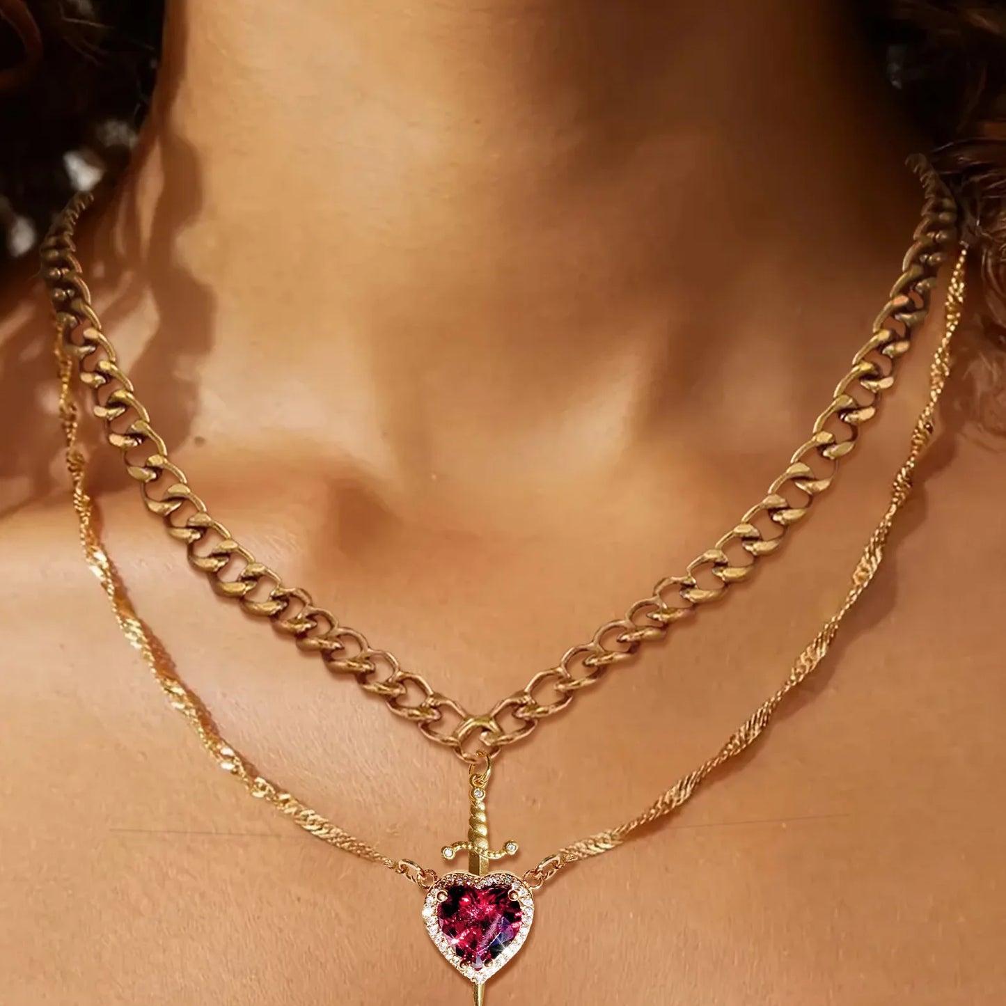 Heart & Sword Crystal Necklace Set – Stainless Steel Jewelry Gift Box