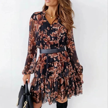 Floral V-Neck Ruffled A-Line Wrap Dress