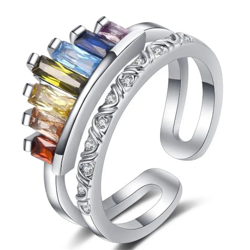 925 Sterling Silver Rainbow Zircon Adjustable Ring for Women