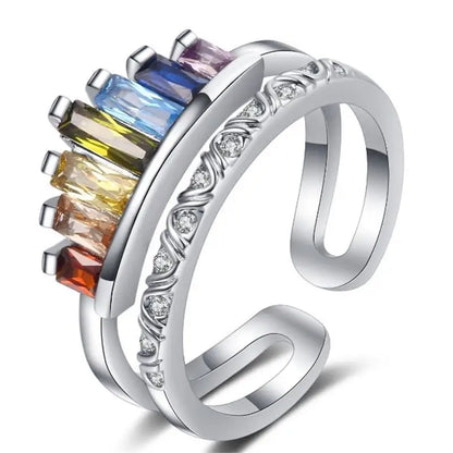925 Sterling Silver Rainbow Zircon Adjustable Ring for Women
