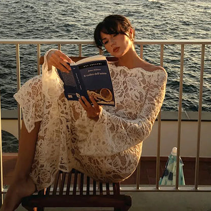 Sexy White Lace Slash Neck Long Sleeve Evening Party Dress