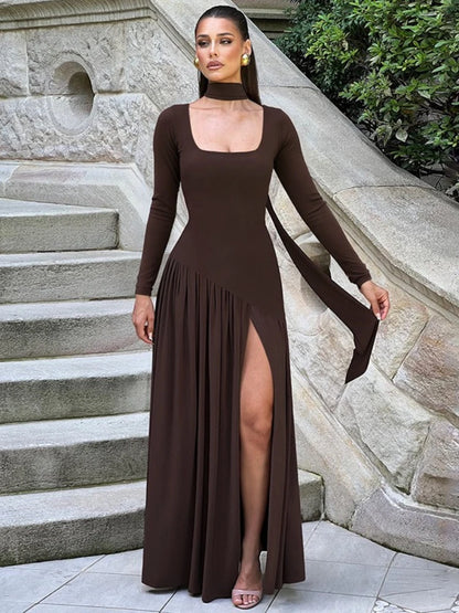 CLO035DJ
Woman Clothing Long Sleeve Bandage High Slit Party Dress Autumn Lady Elegant High Waist Pleated Long Maxi Evening Dresses - Klixstore