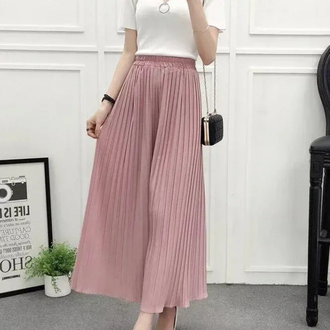 Elastic Waist Pleated Wide Leg Skirt Pants