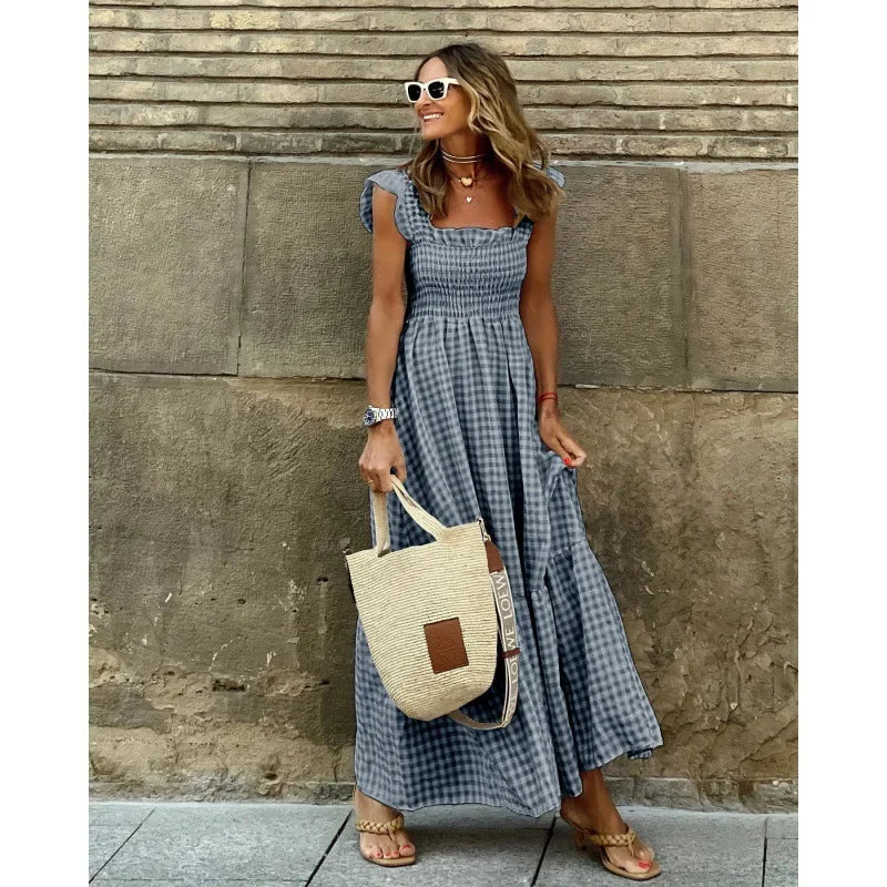Elegant Plaid Ruffle Slip Maxi Dress