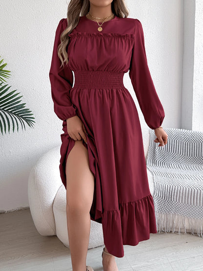 Solid Color Lotus Leaf Hem Midi Dress – Long Sleeve