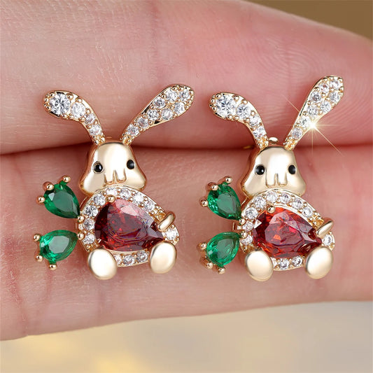 Rabbit Carrot Crystal Stud Earrings