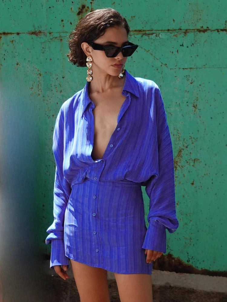  Turn-down Collar Single Breasted Striped Short Dress