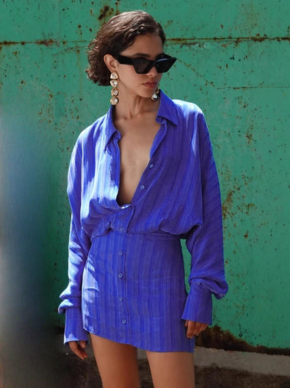  Turn-down Collar Single Breasted Striped Short Dress