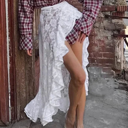 High Waist Ruffles Split Lace Skirts