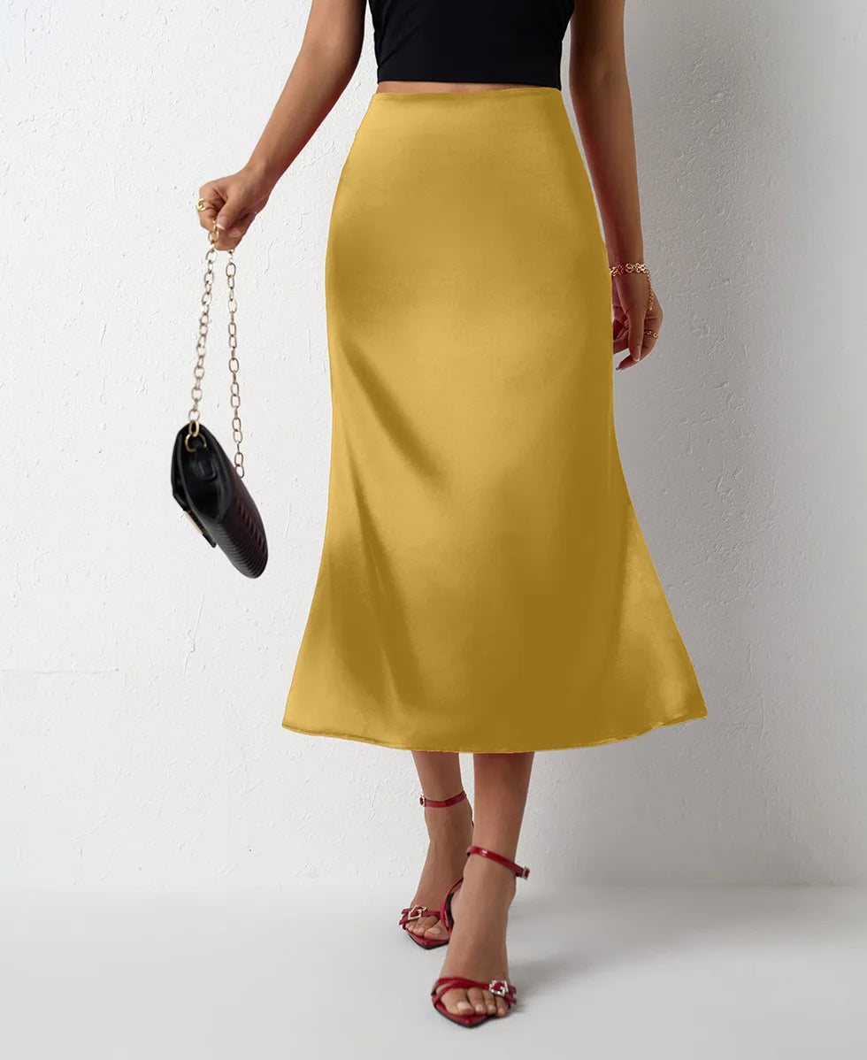 Korean Style Champagne High Waist Satin Skirt