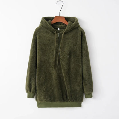 Plush Hooded Loose Sweatshirt Jacket for Women