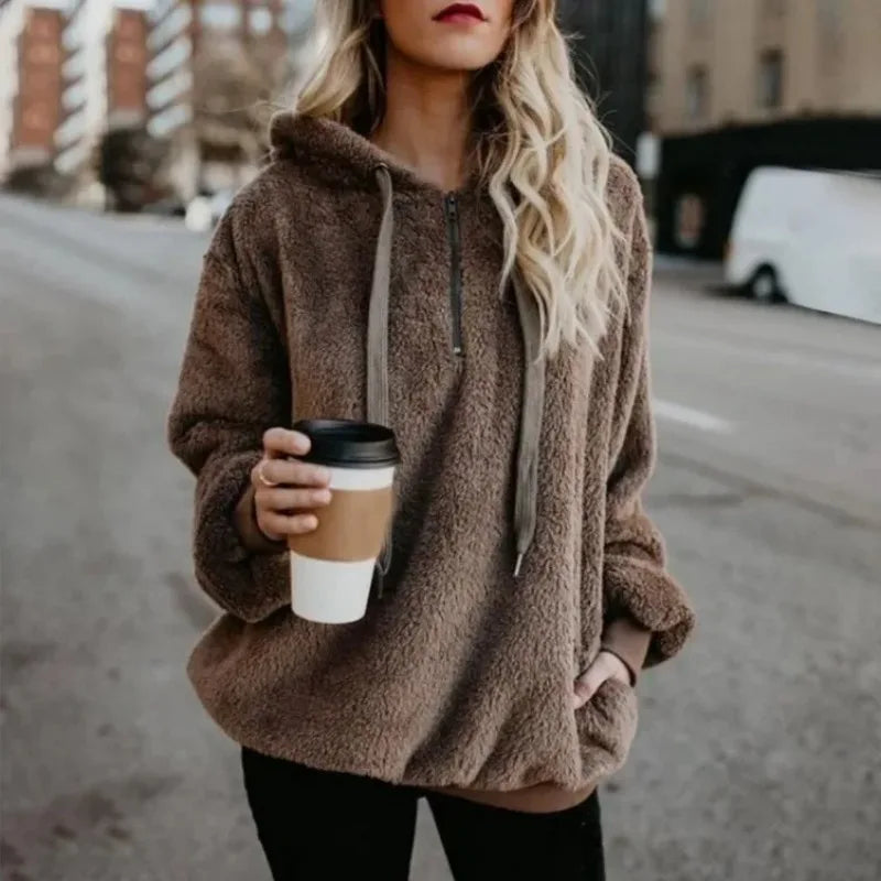 Plush Hooded Loose Sweatshirt Jacket for Women
