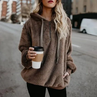 Plush Hooded Loose Sweatshirt Jacket for Women