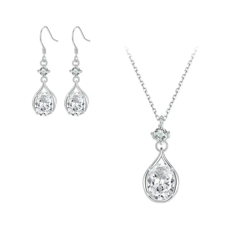 JEW004AX   925 Sterling Silver Teardrop Earrings+Necklace for Women Cubic Zirconia Round - Klixstore