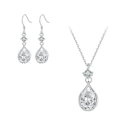 JEW004AX   925 Sterling Silver Teardrop Earrings+Necklace for Women Cubic Zirconia Round - Klixstore