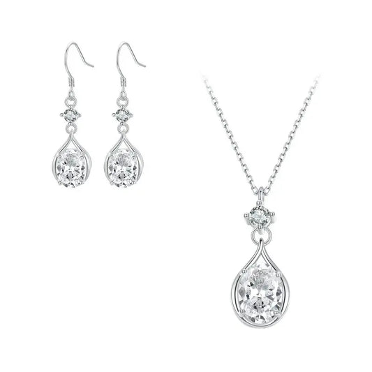 JEW004AX   925 Sterling Silver Teardrop Earrings+Necklace for Women Cubic Zirconia Round - Klixstore