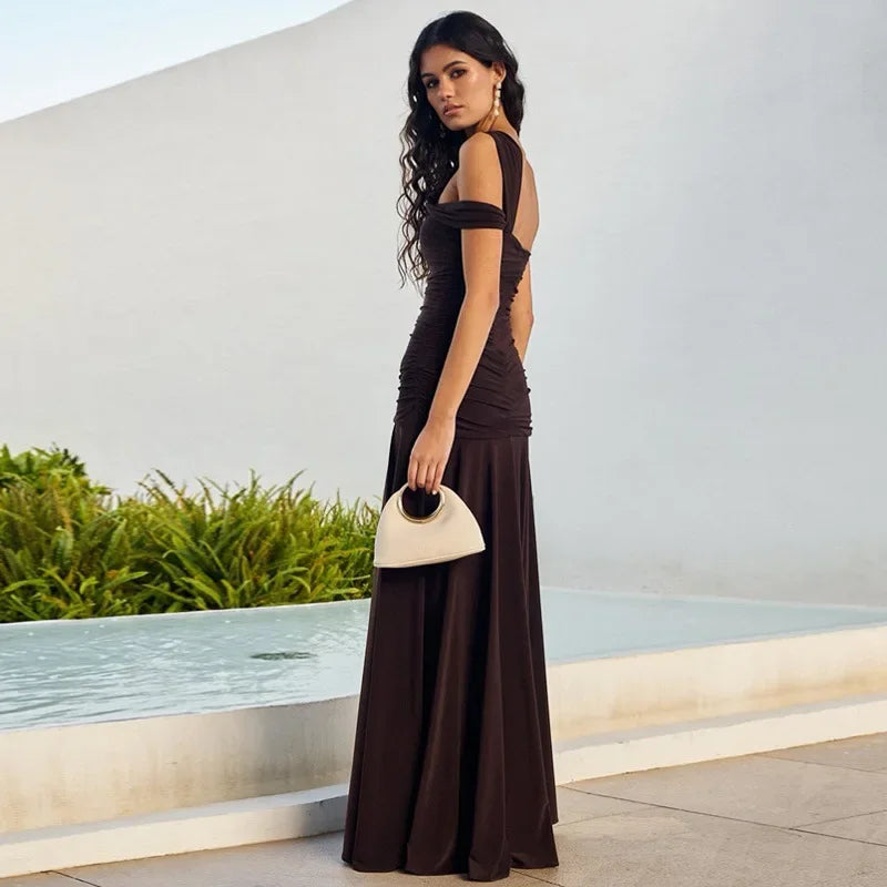 CLO007DJ
Women's Summer Sleeveless Solid Color Long Maxi Dress High Street Ladies One Shoulder Diagonal Collar Split - Klixstore