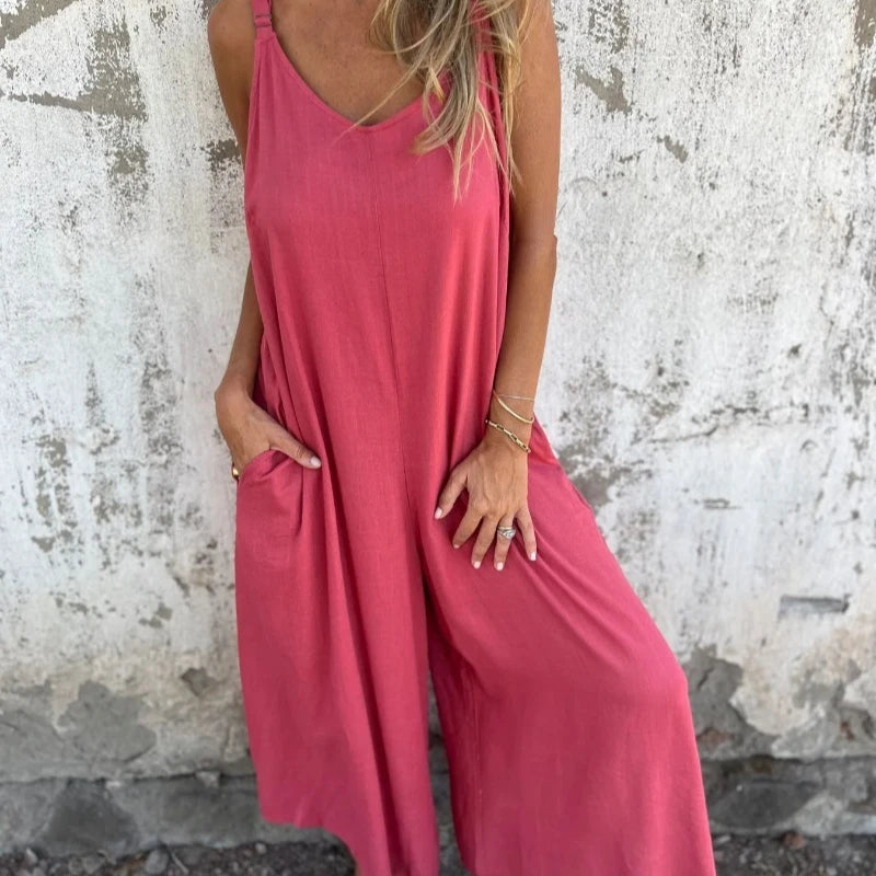 Bohemian Denim Maxi Dress – V-Neck Sleeveless Summer Beach Style