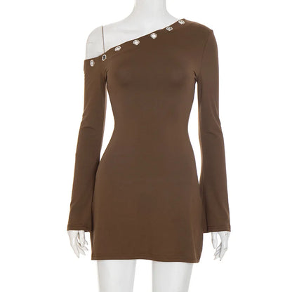 Chic Diagonal Collar Hollow Out Irregular Long Sleeve Party Dress