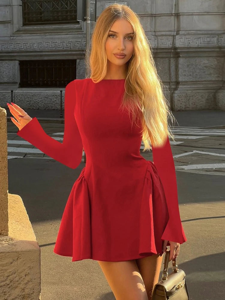CLO045DJ
Elegant Long Sleeve Tunics A-line Party Dresses for Women Autumn O-neck High Waist Ruched - Klixstore