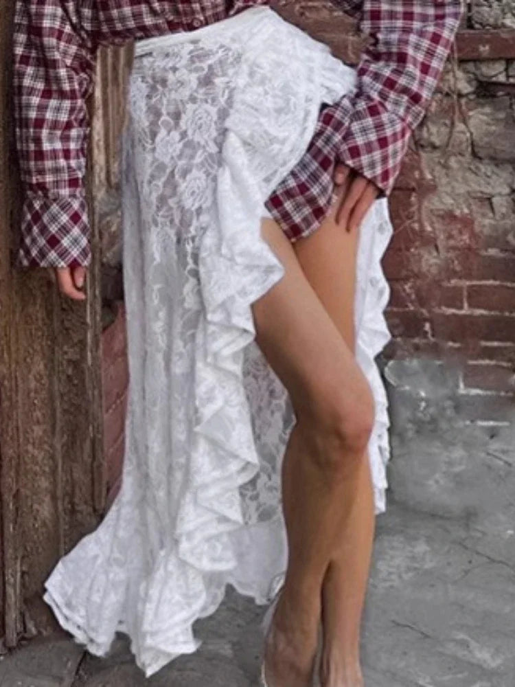 High Waist Ruffles Split Lace Skirts