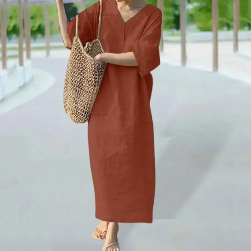 Retro V-Neck Cotton Linen Midi Dress
