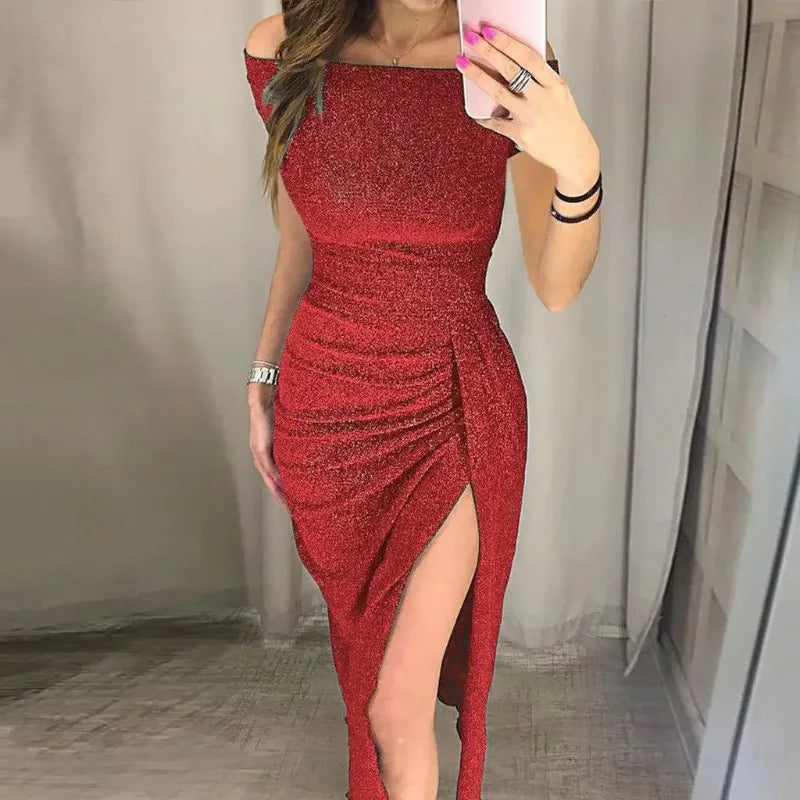 One-Shoulder Glitter Slit Dinner Dress