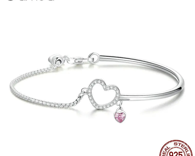 925 Silver Heart Pink CZ Chain Bracelet