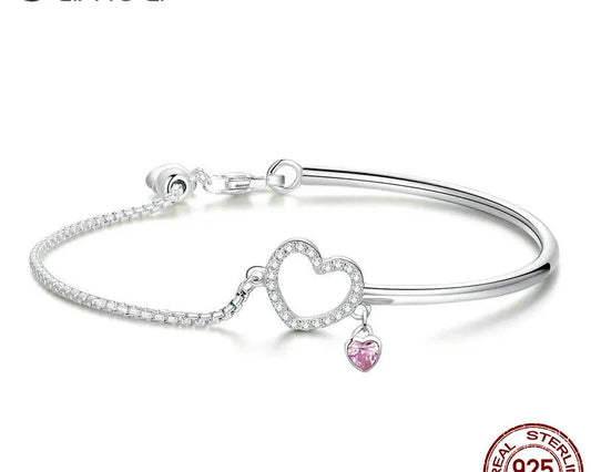 925 Silver Heart Pink CZ Chain Bracelet