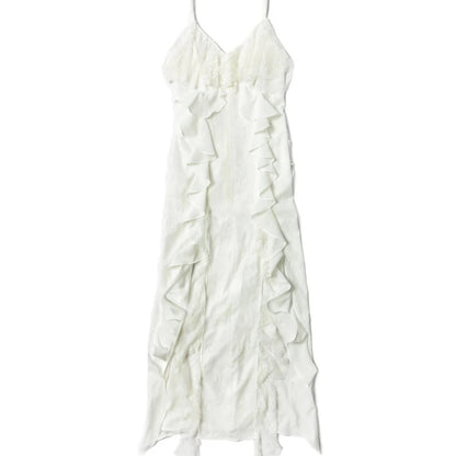 Ruffled Suspender Sleeveless Slit Summer Dress