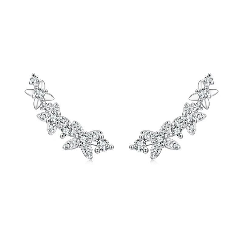 JEW030ER
 925 Sterling Silver Clover Crawler Stud Earrings Sparkling Zircons Branch-shaped Ear Cuffs - Klixstore