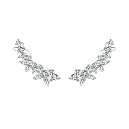 JEW030ER
 925 Sterling Silver Clover Crawler Stud Earrings Sparkling Zircons Branch-shaped Ear Cuffs - Klixstore