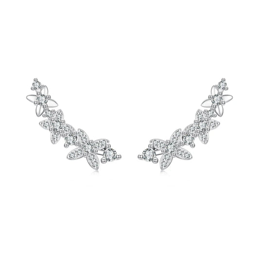 JEW030ER
 925 Sterling Silver Clover Crawler Stud Earrings Sparkling Zircons Branch-shaped Ear Cuffs - Klixstore