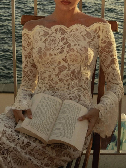 Sexy White Lace Slash Neck Long Sleeve Evening Party Dress