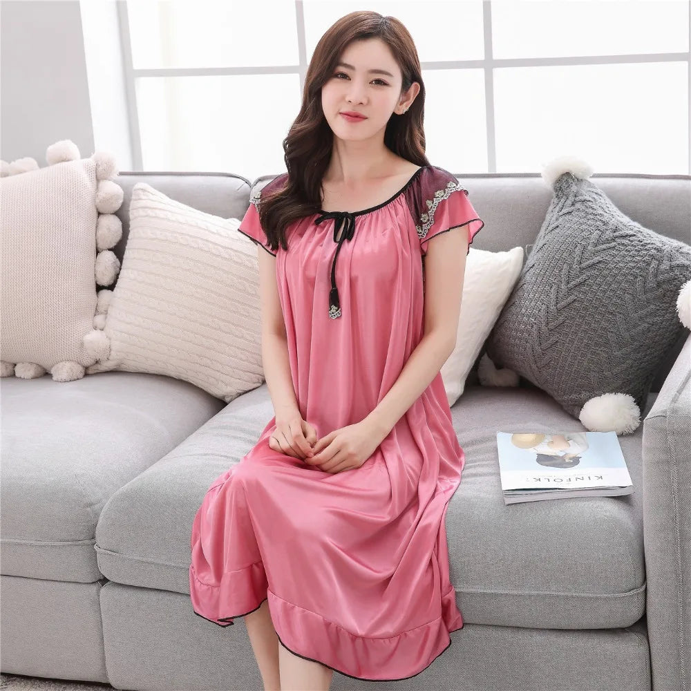 CJ Satin Bow Round  Neck Long Nightdress