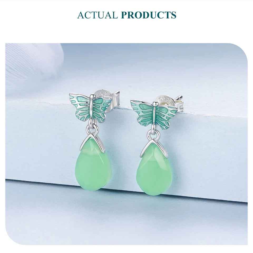 JEW031ER
 925 Sterling Silver Butterfly Stud Earrings for Women, Crystal Green Resin Teardrop Dangle Earrings - Klixstore