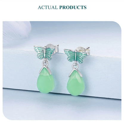 JEW031ER
 925 Sterling Silver Butterfly Stud Earrings for Women, Crystal Green Resin Teardrop Dangle Earrings - Klixstore