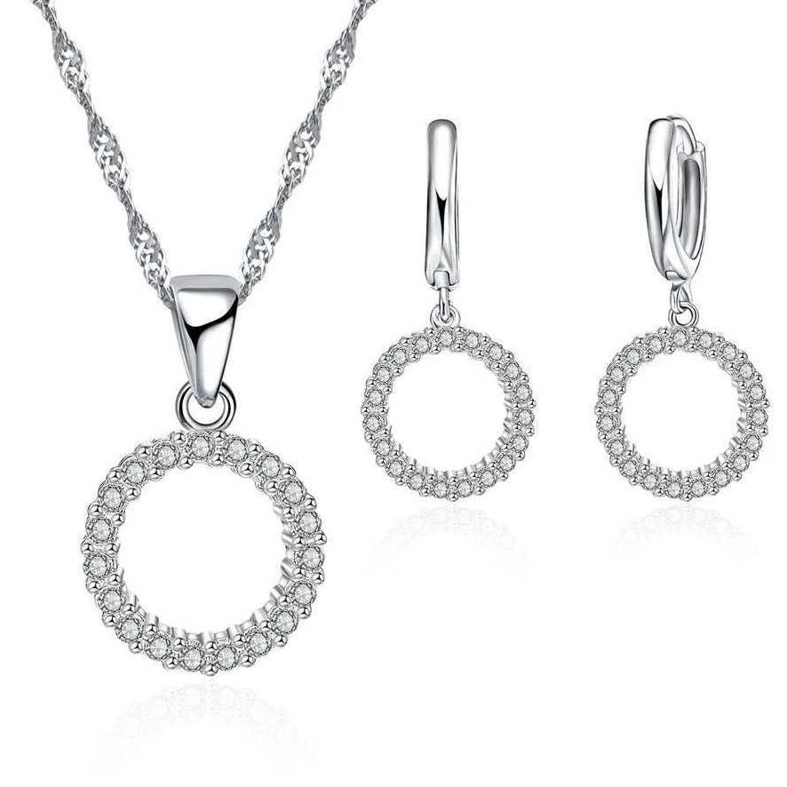 Elegant Beaded CZ Necklace & Hoop Earrings Bridal Set in 925 Sterling Silver