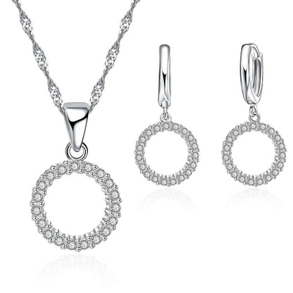 Elegant Beaded CZ Necklace & Hoop Earrings Bridal Set in 925 Sterling Silver