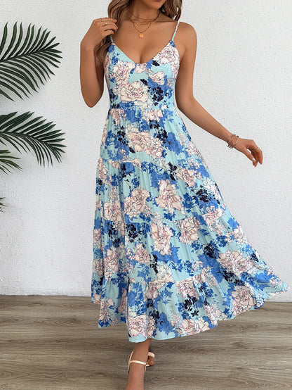 Floral Ruffled Camisole Maxi Dress | V-Neck Sleeveless | Spring Summer