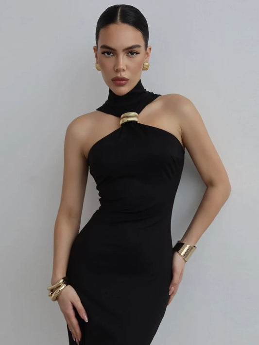 CLO037DJ
 Summer Sexy Turtleneck Sleeveless Black Party Dress Women Off Shoulder Sleeveless Bodycon Split Mid-calf Partu Prom Dresses - Klixstore