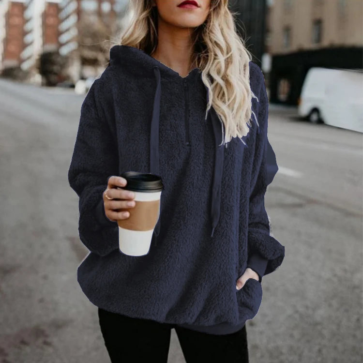 Plush Hooded Loose Sweatshirt Jacket for Women