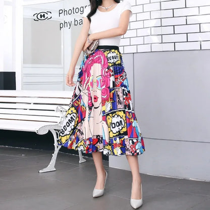 Women's Cartoon Print Pleated A-Line Skirt