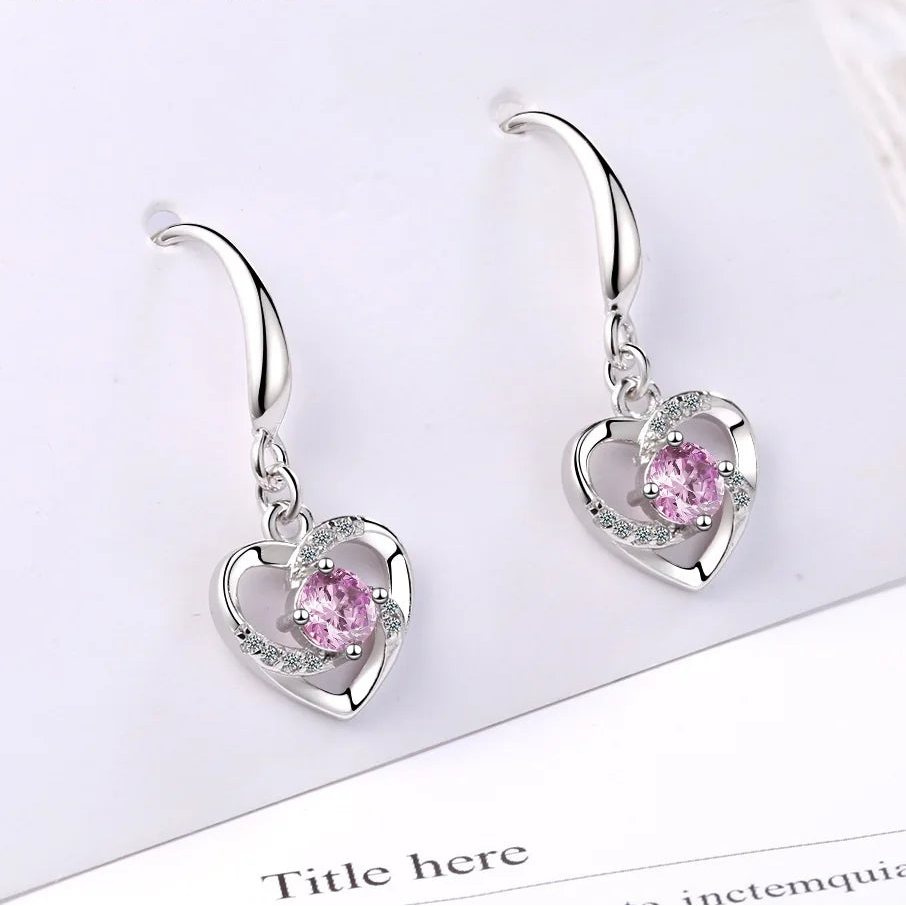 925 Sterling Silver Heart Crystal Dangle Earrings for Women